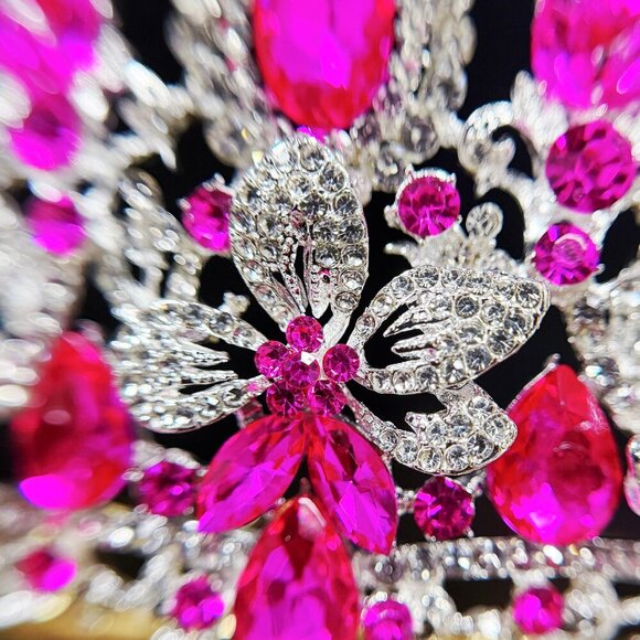 Silver Crystal Tiara, Bridal Flower Tiara, Fuchsia Crystal Tiara, Wedding Tiara main image 6